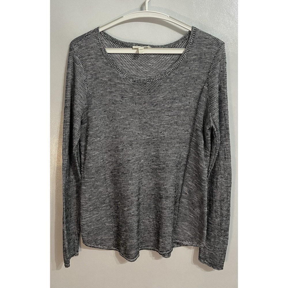 Eileen Fisher Small Organic Cotton Linen Swing Sweater Black White Marled